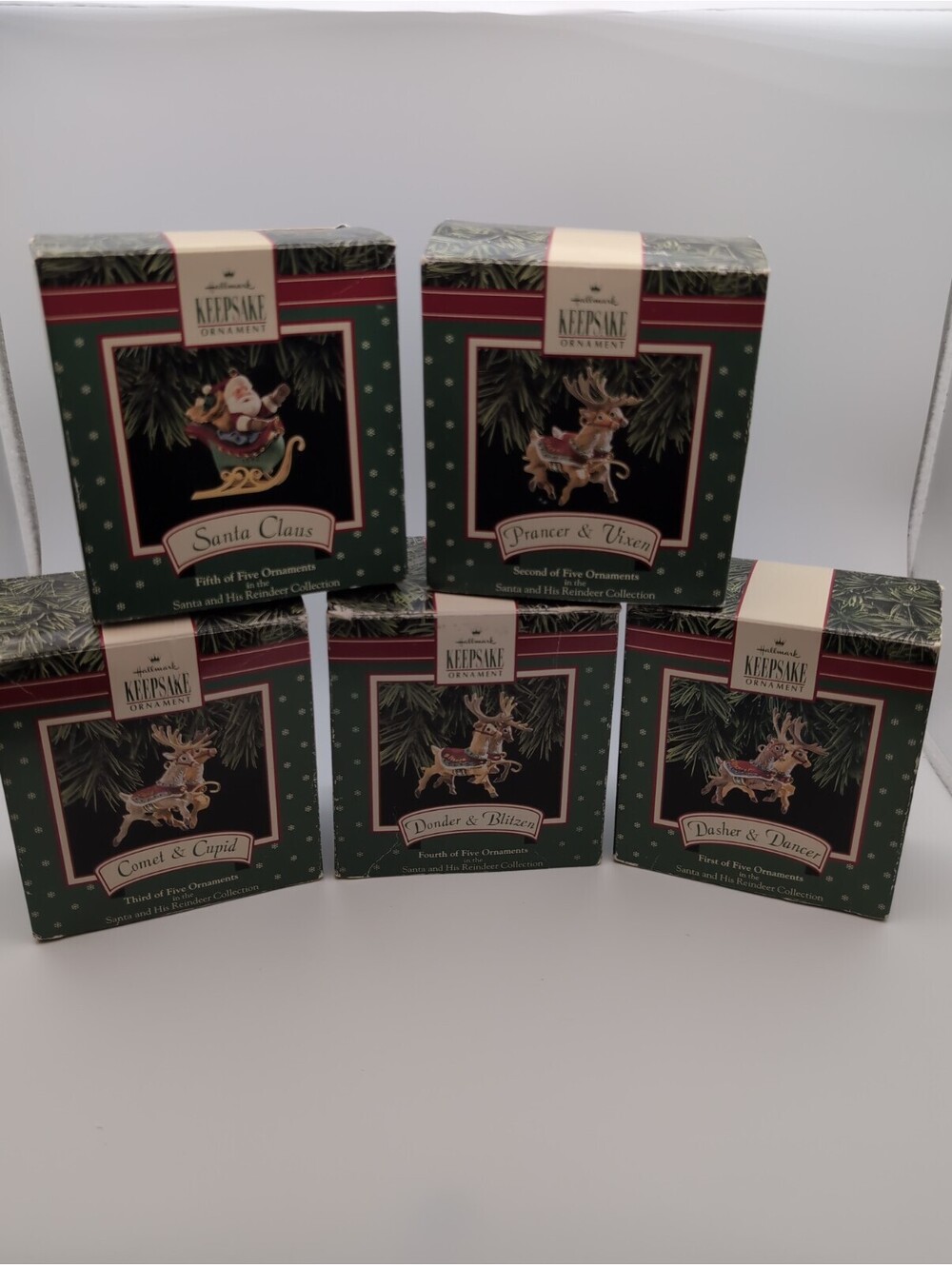 1992 Complete Set 5 Hallmark Keepsake Ornaments Santa & Reindeer Collection